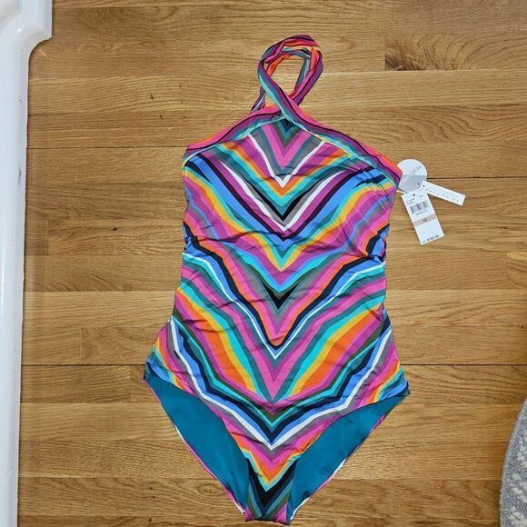 Trina Turk Louvre Stripe Reversible High Neck One Piece Swimsuit Size 12 - Picture 6 of 16